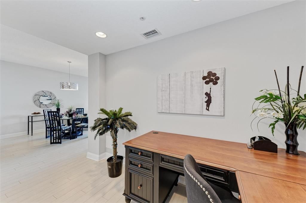 Chandelier, Home Office, Interior, Pendant Lights, Recessed Lighting, Wood Texture Flooring