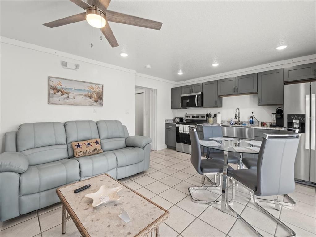 Dining room, Interior, Kitchen, Living room, Recessed Lighting, Stainless Steel Appliances