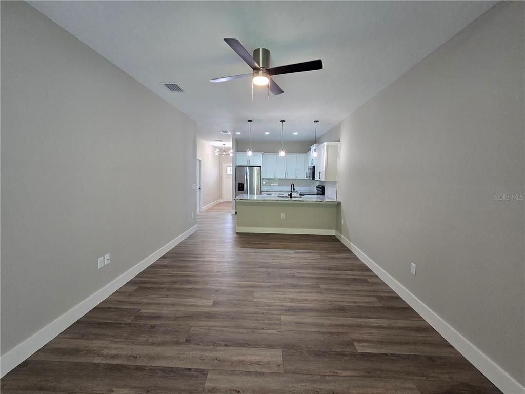 Empty room, Interior, Kitchen, Pendant Lights, Wood Texture Flooring