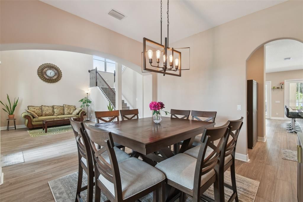 Chandelier, Dining room, Interior, Pendant Lights, Wood Texture Flooring