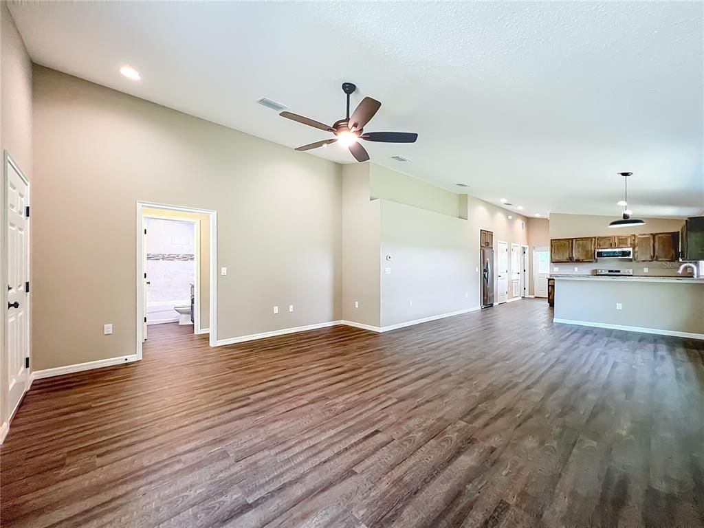 Empty room, Interior, Kitchen, Pendant Lights, Recessed Lighting, Wood Texture Flooring