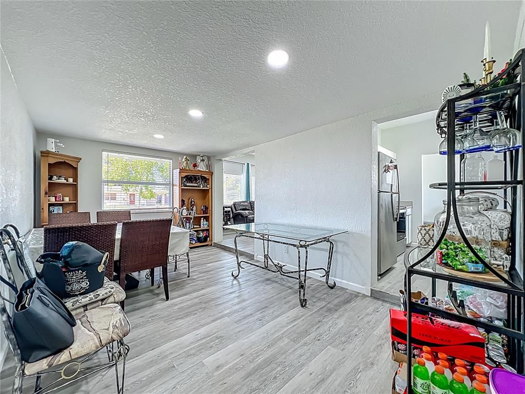 Dining room, Interior, Recessed Lighting, Wood Texture Flooring