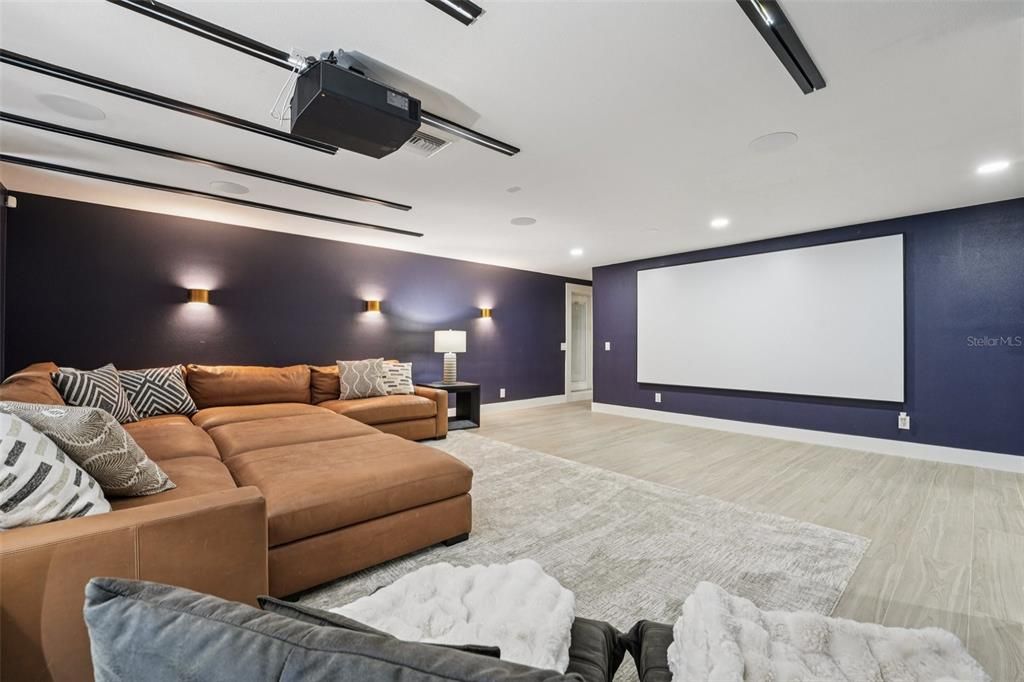 Interior, Living room, Projection Screen, Recessed Lighting, Theatre Room, Wood Texture Flooring