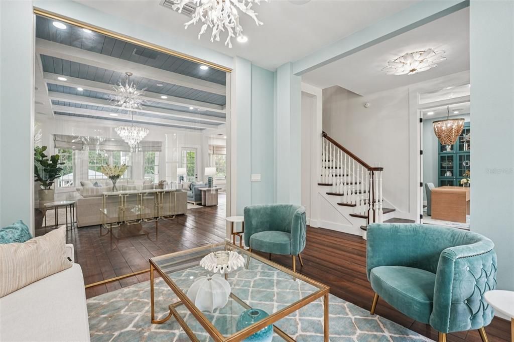 Chandelier, Interior, Living room, Recessed Lighting, Wood Texture Flooring