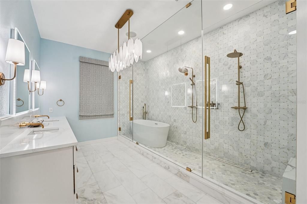 Bathroom, Chandelier, Dual Sink Vanities, Free Standing Baths, Glass Shower, Interior, Marble, Recessed Lighting