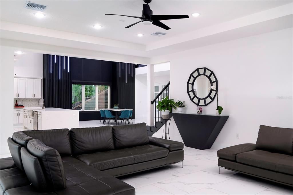 Dining room, Interior, Kitchen, Living room, Marble, Recessed Lighting