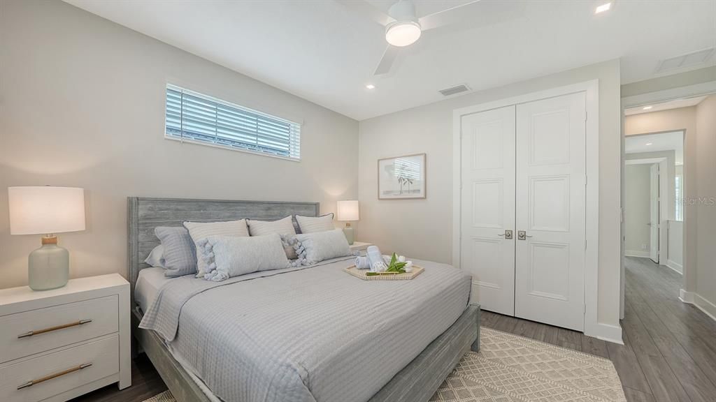 Bedroom, Interior, Recessed Lighting, Wood Texture Flooring