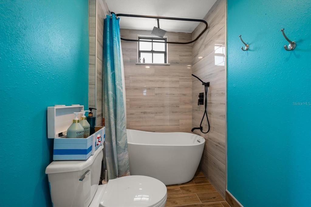 Bathroom, Free Standing Baths, Interior, Wood Texture Flooring, Wooden Walls