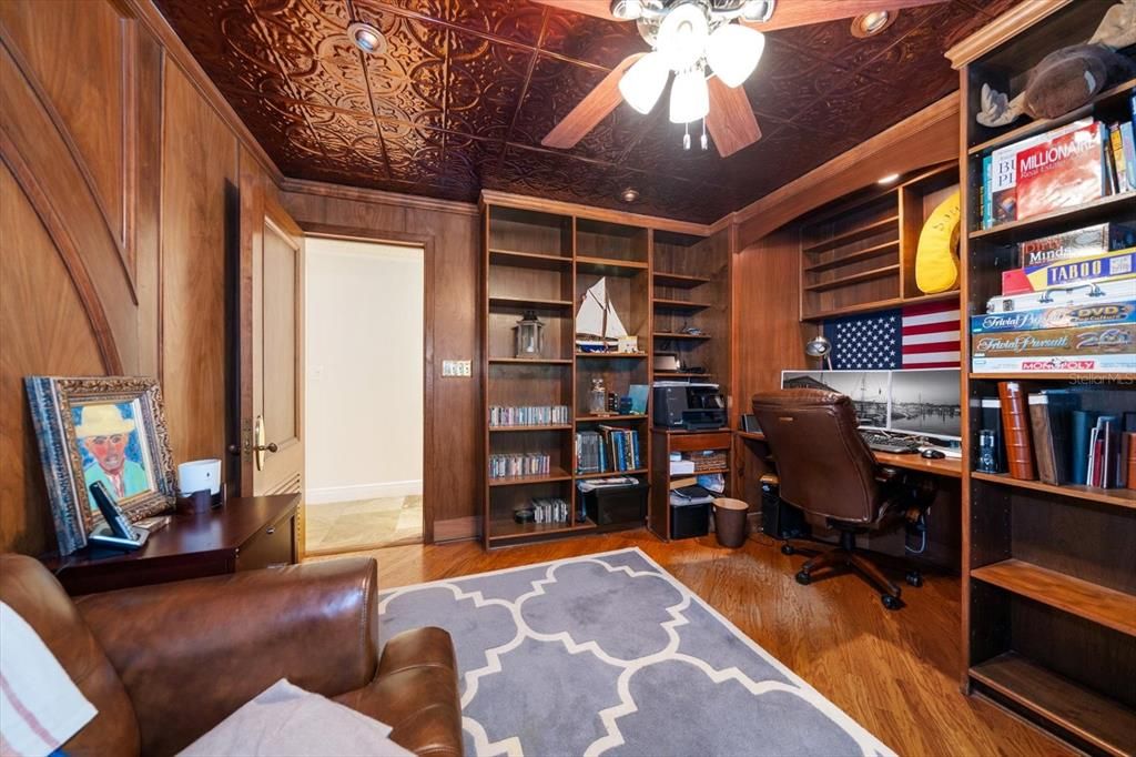 Home Office, Interior, Recessed Lighting, Wood Texture Flooring, Wooden Walls
