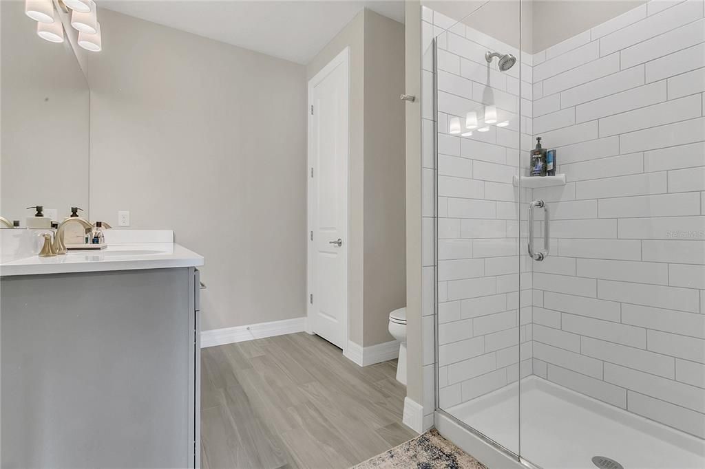 Bathroom, Glass Shower, Interior, Wood Texture Flooring
