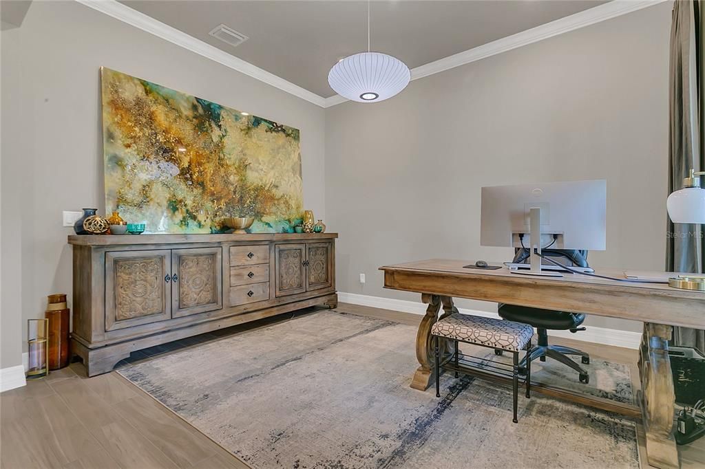 Home Office, Interior, Pendant Lights, Wood Texture Flooring