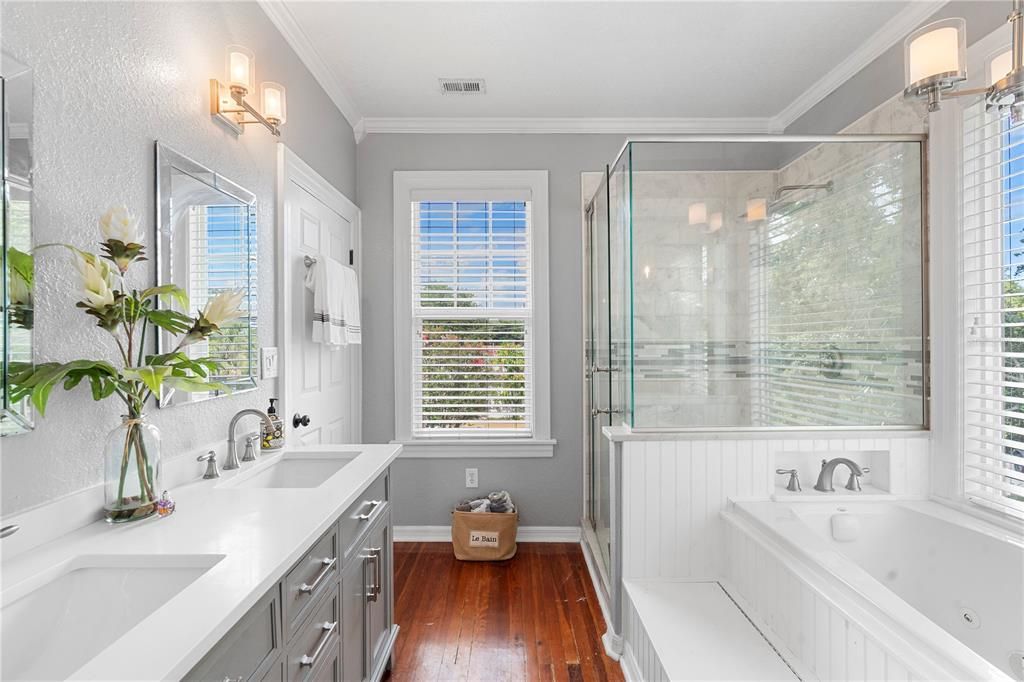 Bathroom, Dual Sink Vanities, Glass Shower, Interior, Wood Texture Flooring