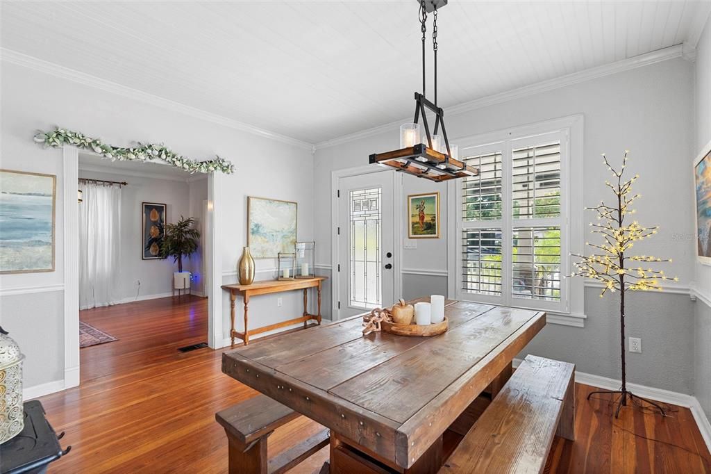 Dining room, Interior, Pendant Lights, Wood Texture Flooring