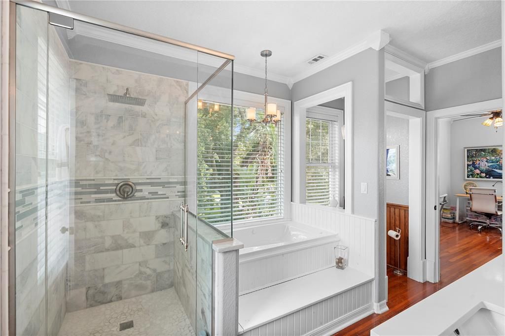 Bathroom, Glass Shower, Interior, Marble Walls, Wood Texture Flooring
