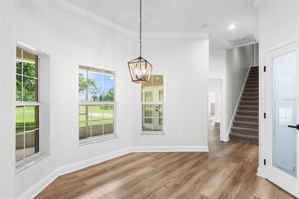Empty room, Interior, Pendant Lights, Recessed Lighting, Wood Texture Flooring