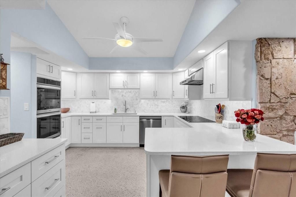 Interior, Kitchen, Recessed Lighting, Stainless Steel Appliances, Stone Walls