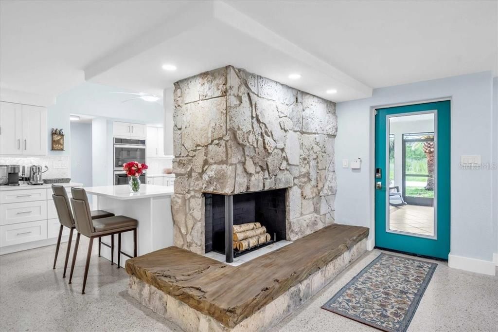 Fireplace, Interior, Kitchen, Recessed Lighting, Stone Walls