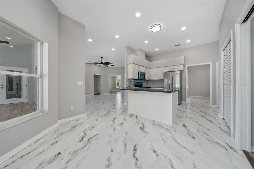 Interior, Kitchen, Marble, Recessed Lighting, Stainless Steel Appliances