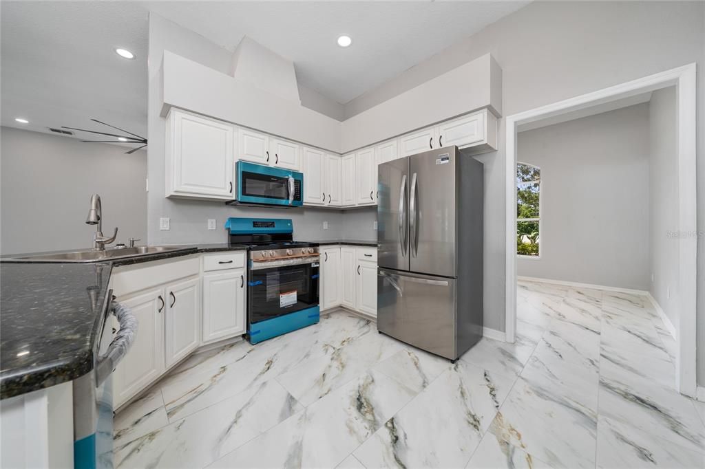 Interior, Kitchen, Marble, Recessed Lighting, Stainless Steel Appliances