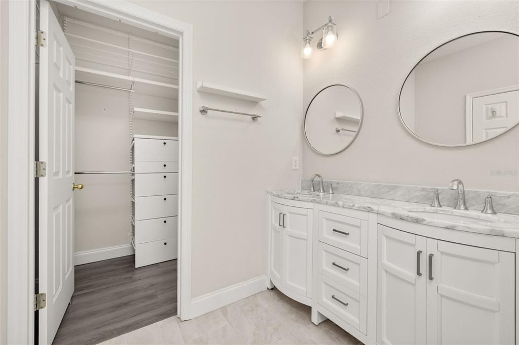 Bathroom, Dual Sink Vanities, Interior, Walk-in Closets, Wood Texture Flooring