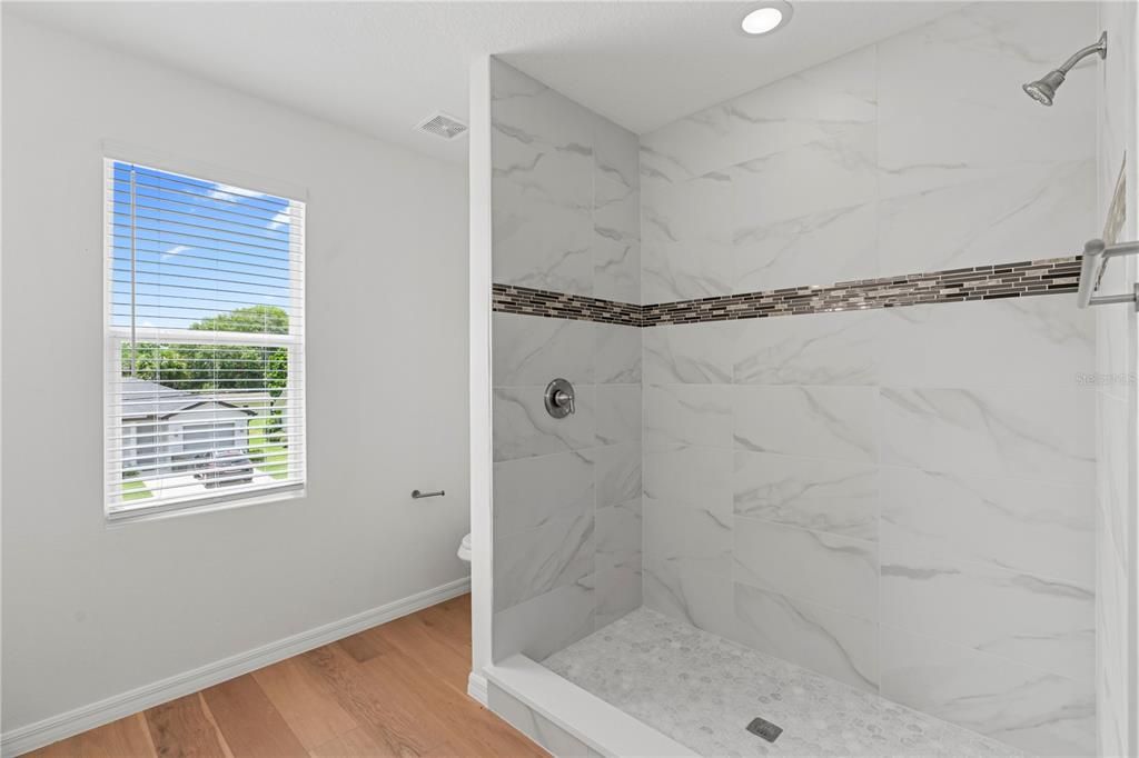 Bathroom, Interior, Marble Walls, Recessed Lighting, Wood Texture Flooring
