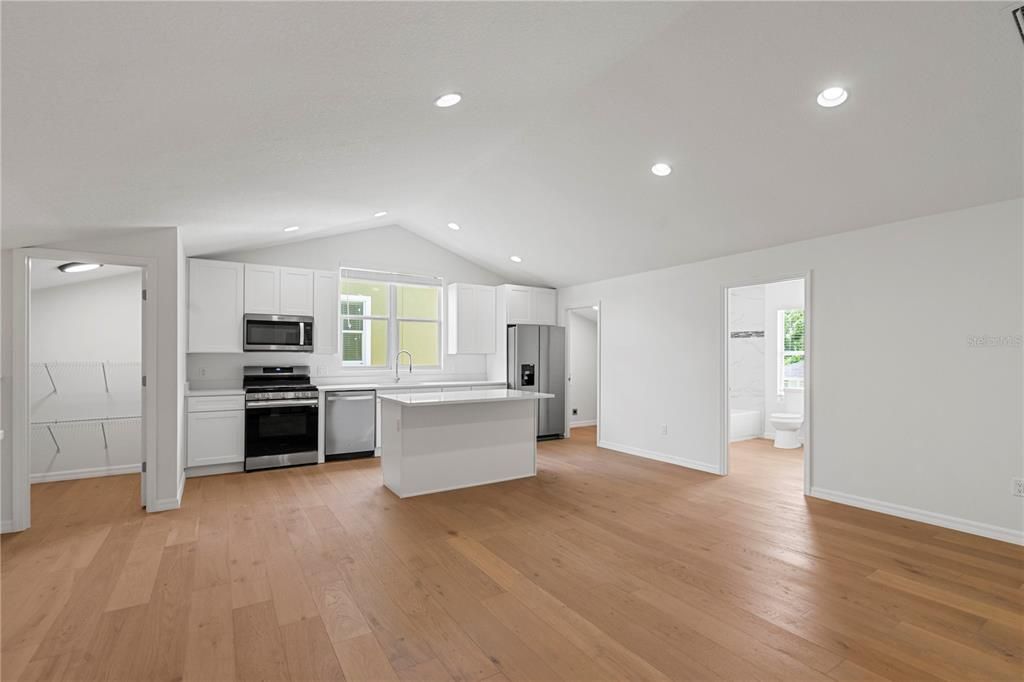 Empty room, Interior, Kitchen, Recessed Lighting, Stainless Steel Appliances, Wood Texture Flooring