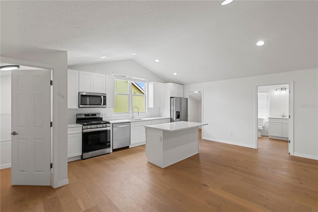Interior, Kitchen, Recessed Lighting, Stainless Steel Appliances, Wood Texture Flooring