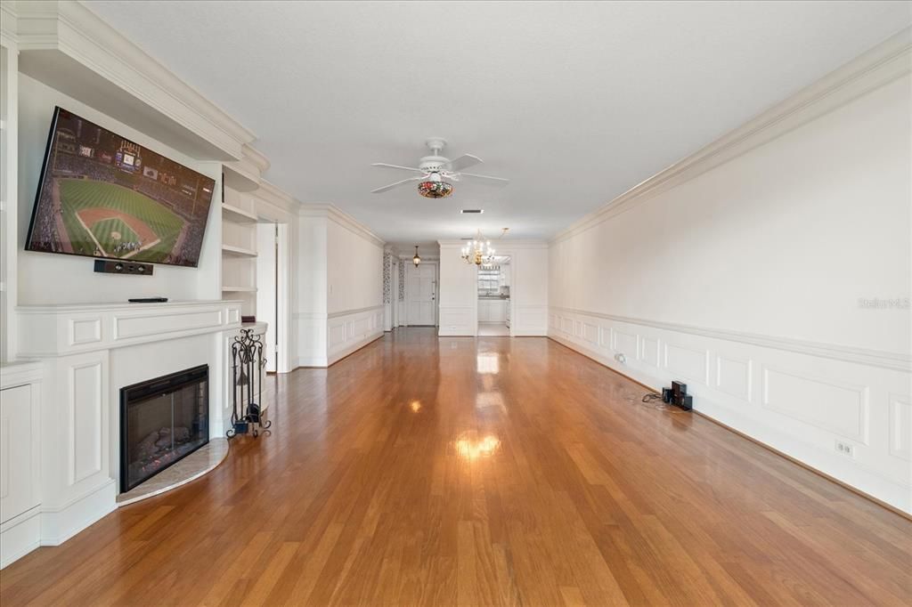 Chandelier, Empty room, Fireplace, Interior, Wood Texture Flooring
