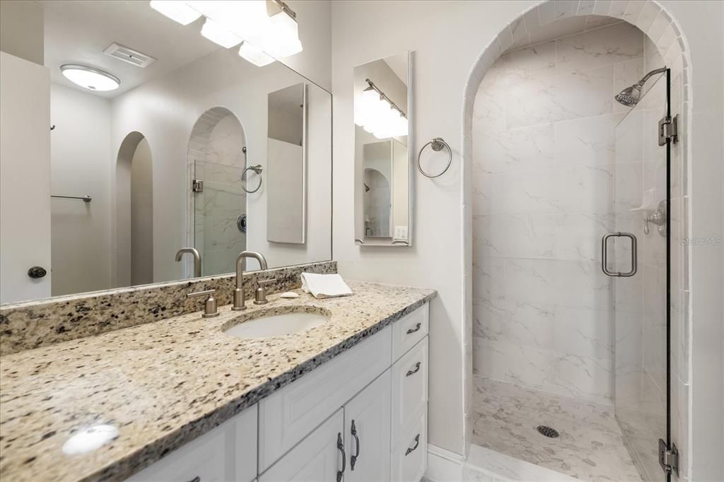 Bathroom, Dual Sink Vanities, Glass Shower, Interior, Marble Walls