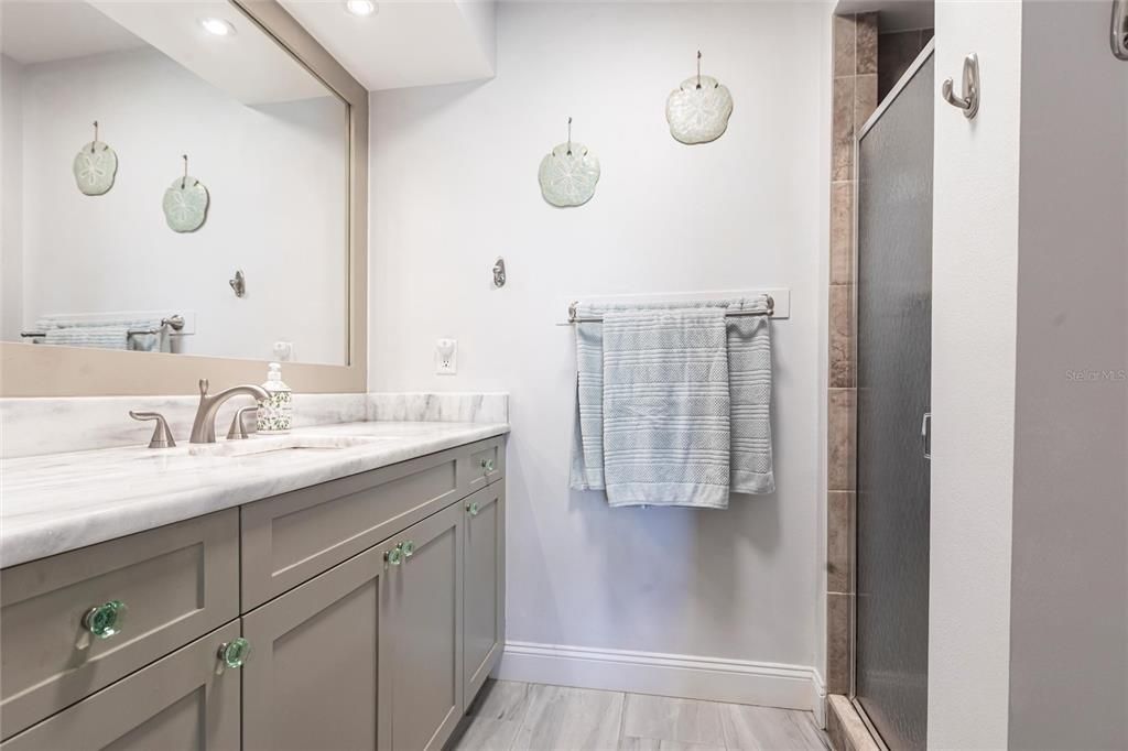 Bathroom, Glass Shower, Interior, Recessed Lighting, Wood Texture Flooring