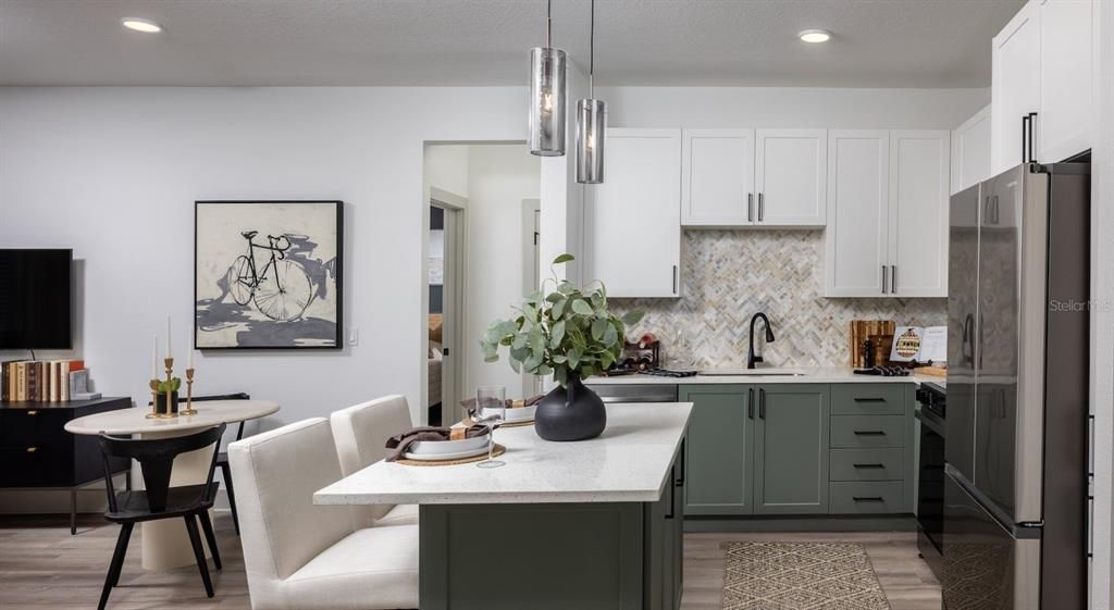 Dining room, Interior, Kitchen, Pendant Lights, Recessed Lighting, Wood Texture Flooring