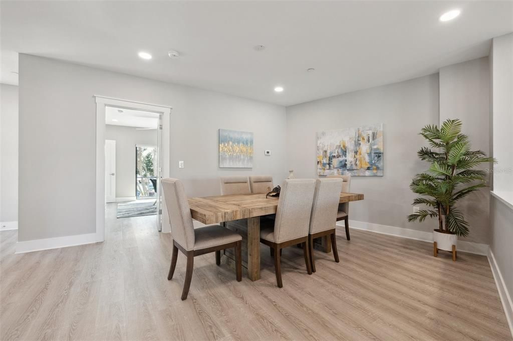 Dining room, Interior, Recessed Lighting, Wood Texture Flooring