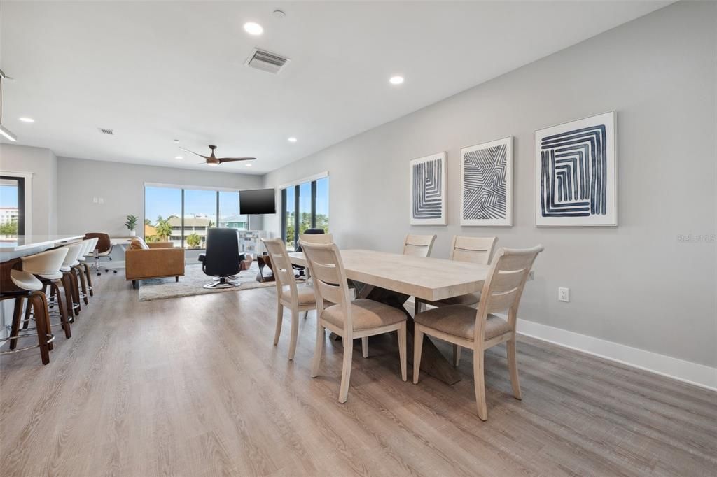 Dining room, Interior, Living room, Recessed Lighting, Wood Texture Flooring