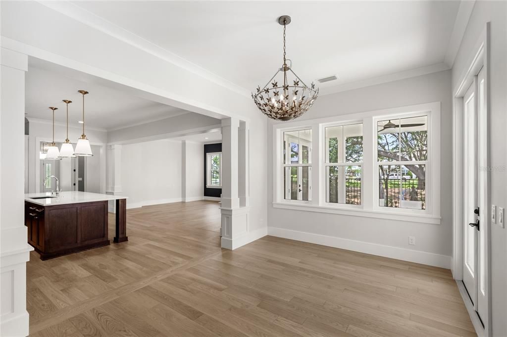 Chandelier, Empty room, Interior, Kitchen, Pendant Lights, Wood Texture Flooring