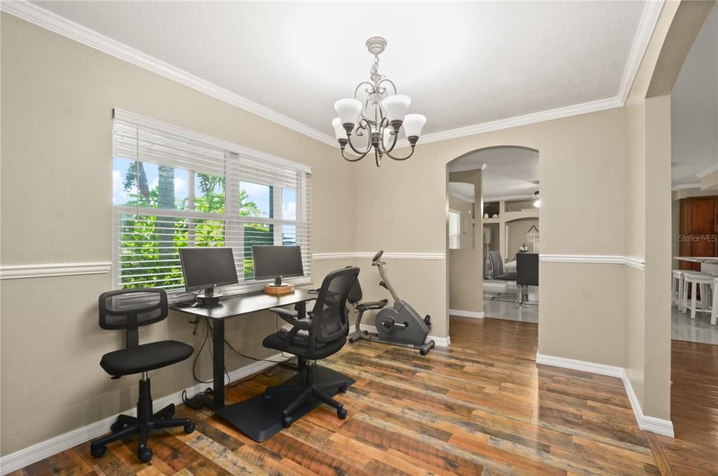 Chandelier, Fitness Equipment, Home Office, Interior, Wood Texture Flooring