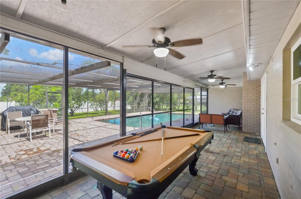 Billiard Table, Game Room, Interior, Stone Walls, Sun Room