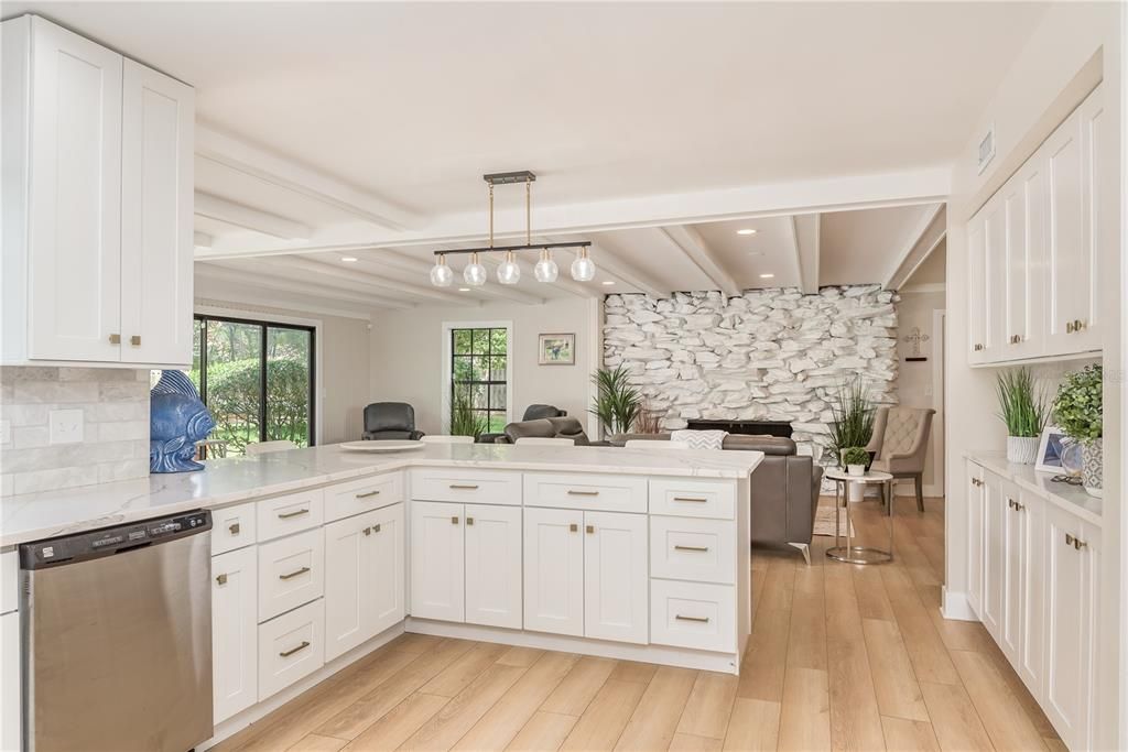Fireplace, Interior, Kitchen, Pendant Lights, Recessed Lighting, Stone Walls, Wood Texture Flooring