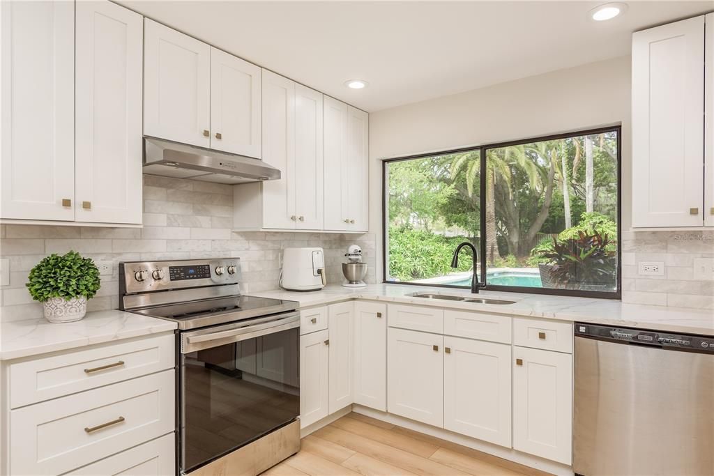 Interior, Kitchen, Recessed Lighting, Stainless Steel Appliances, Wood Texture Flooring