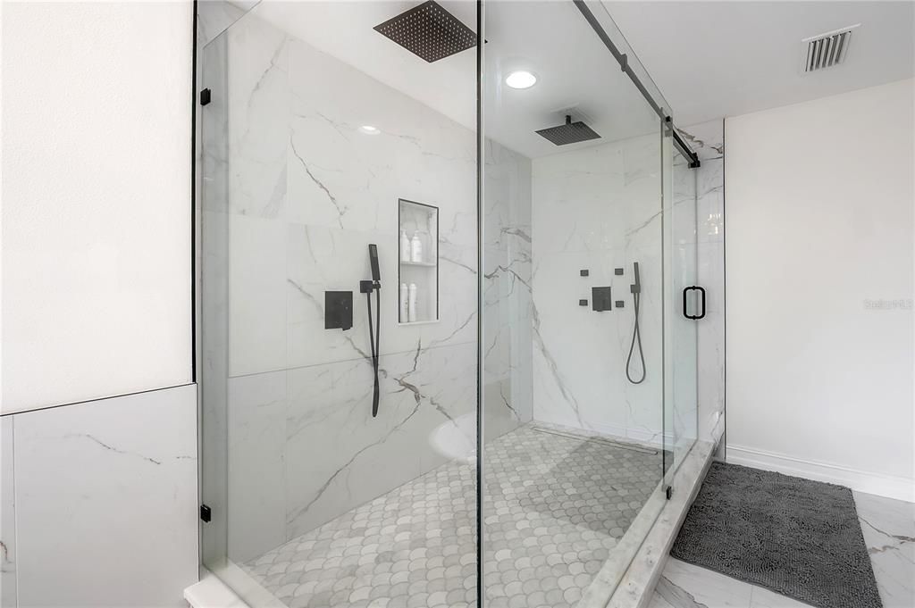 Bathroom, Glass Shower, Interior, Marble Walls, Recessed Lighting