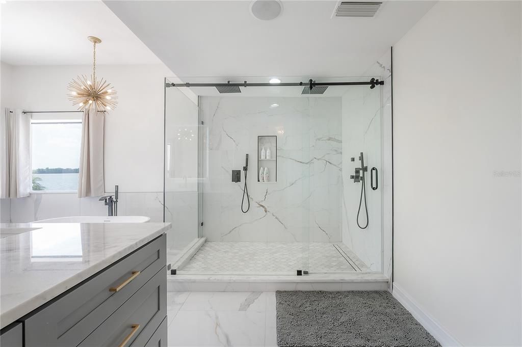 Bathroom, Glass Shower, Interior, Marble, Marble Walls, Pendant Lights