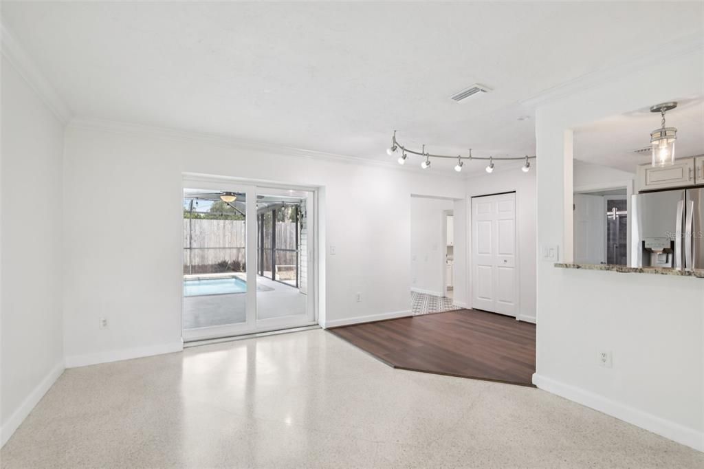 Empty room, Interior, Kitchen, Stainless Steel Appliances, Wood Texture Flooring