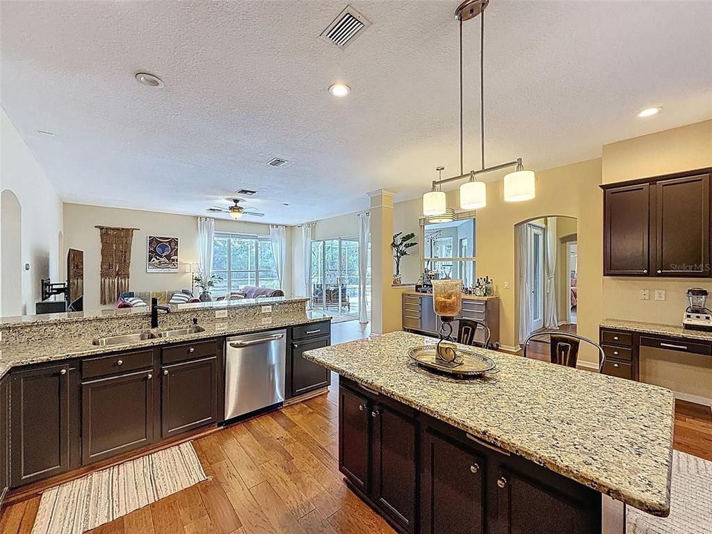 Dining room, Interior, Kitchen, Pendant Lights, Recessed Lighting, Wood Texture Flooring