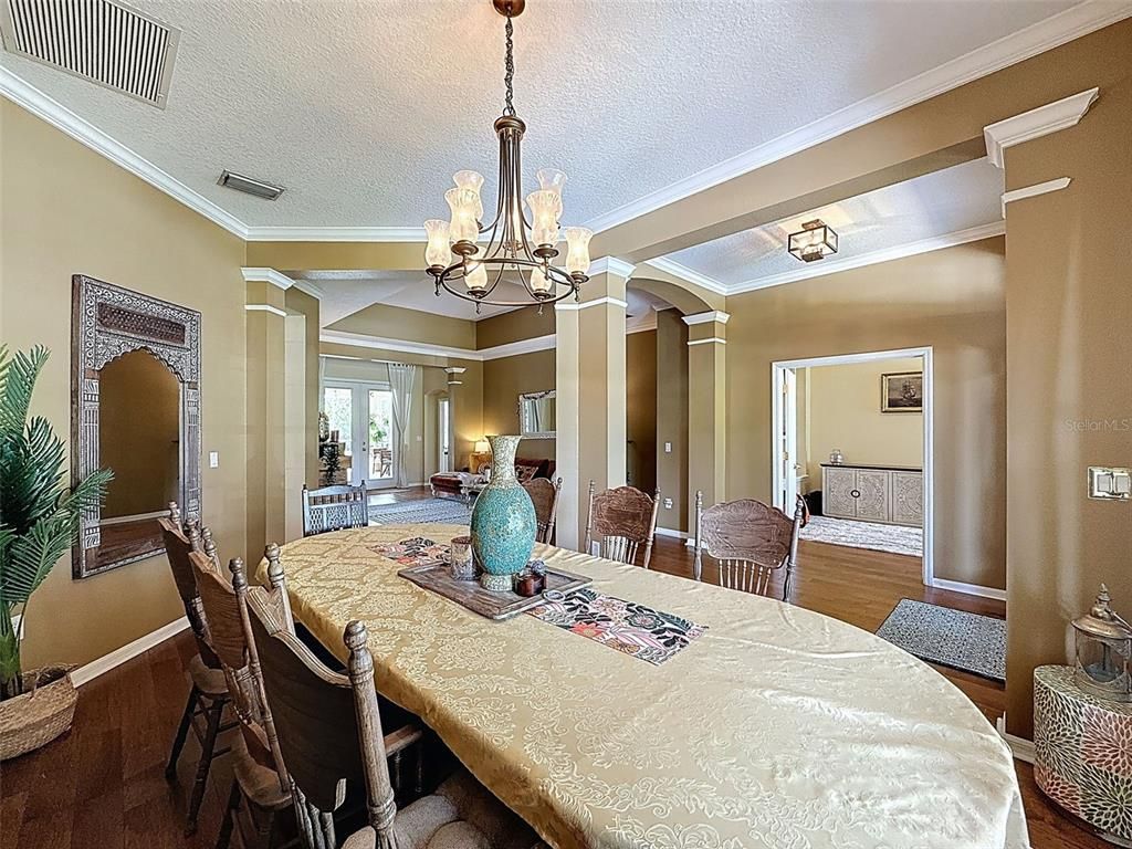 Chandelier, Dining room, Interior, Wood Texture Flooring