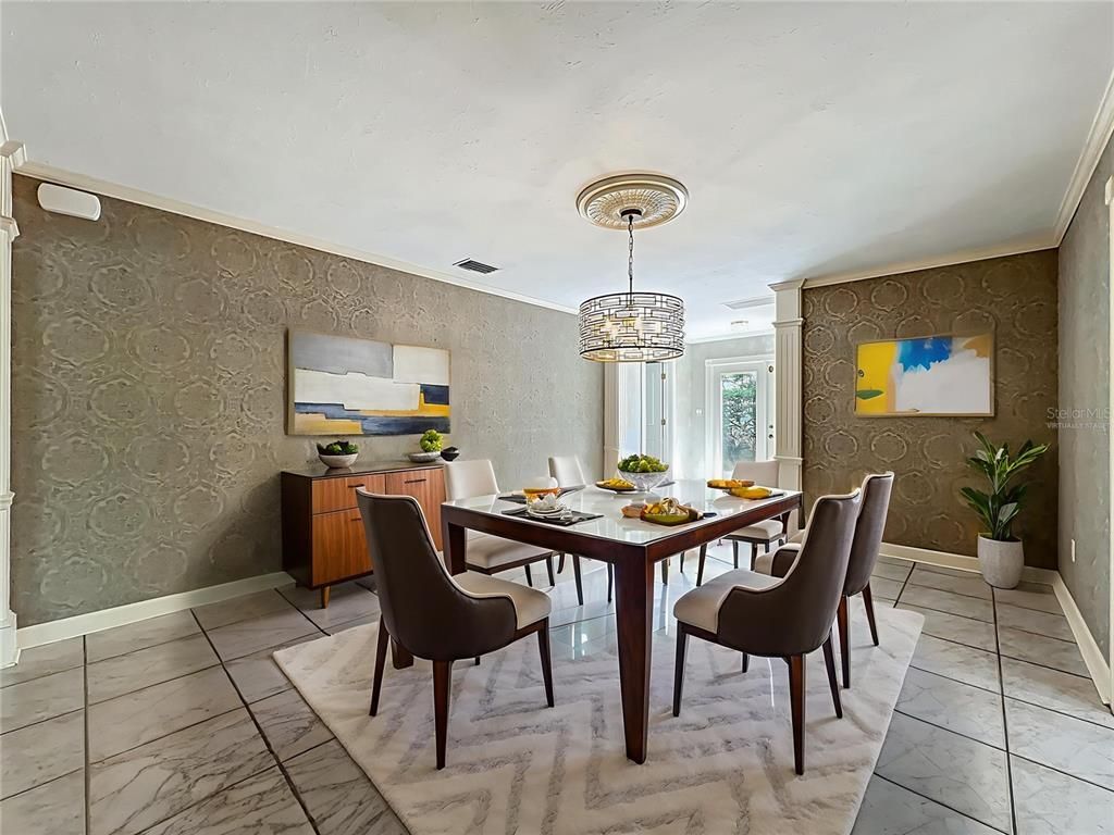 Chandelier, Dining room, Interior, Marble