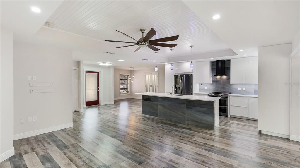 Interior, Kitchen, Pendant Lights, Recessed Lighting, Stainless Steel Appliances, Wood Texture Flooring