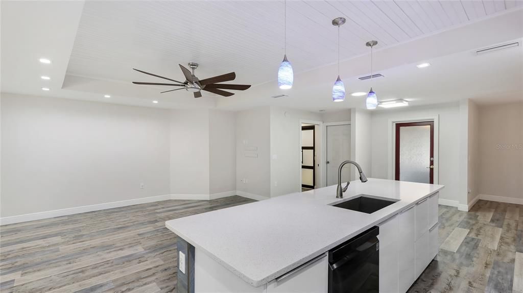 Interior, Kitchen, Pendant Lights, Recessed Lighting, Wood Texture Flooring