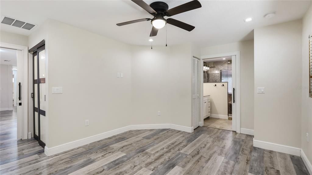 Bathroom, Empty room, Interior, Recessed Lighting, Wood Texture Flooring