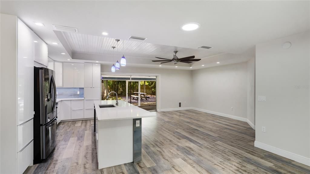 Interior, Kitchen, Pendant Lights, Recessed Lighting, Wood Texture Flooring