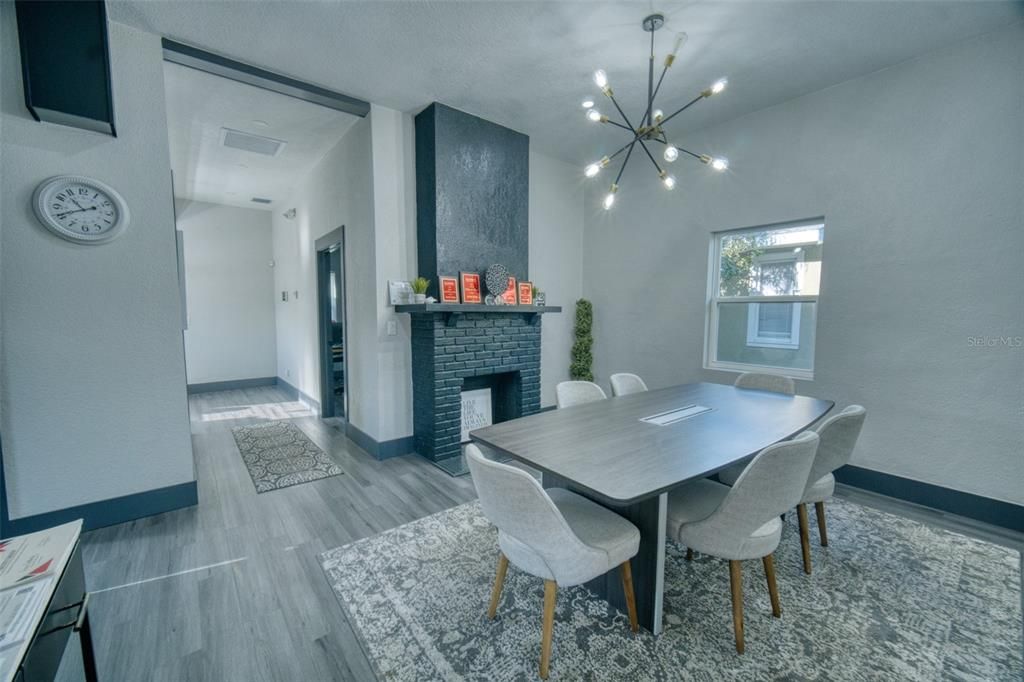 Dining room, Fireplace, Interior, Pendant Lights, Wood Texture Flooring