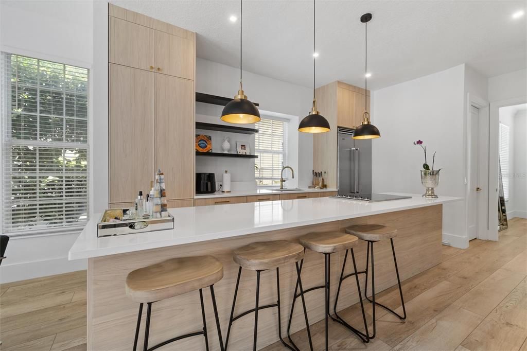 Interior, Kitchen, Pendant Lights, Recessed Lighting, Wood Texture Flooring